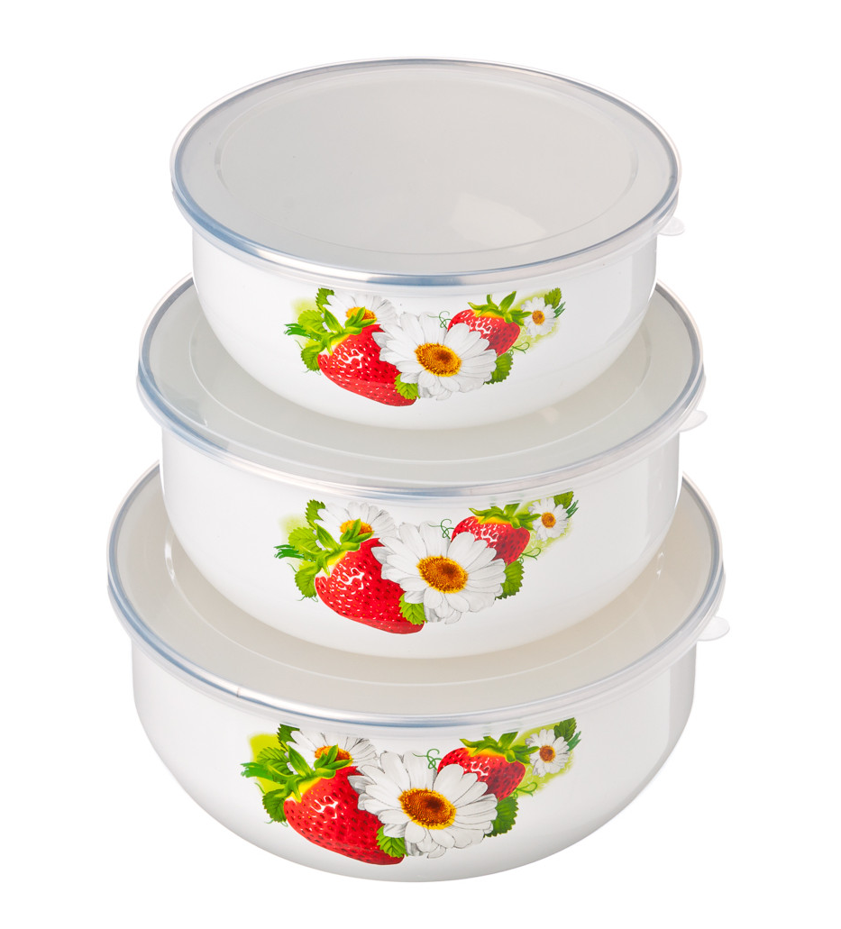 Набор эмалированных салатников с крышками (Леона) - 3 штуки в наборе