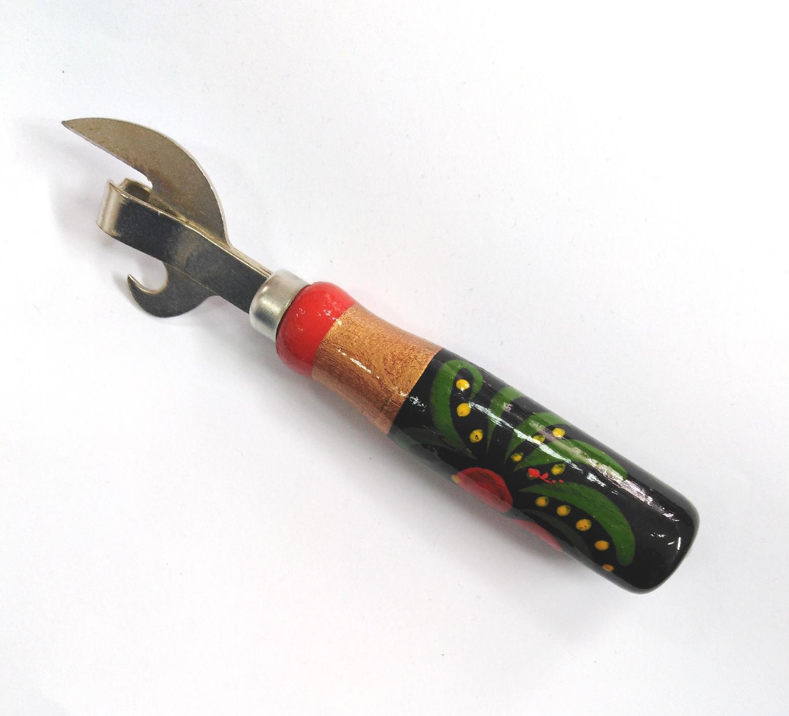 Консервный нож (открывашка) с деревянной ручкой ХОХЛОМА
